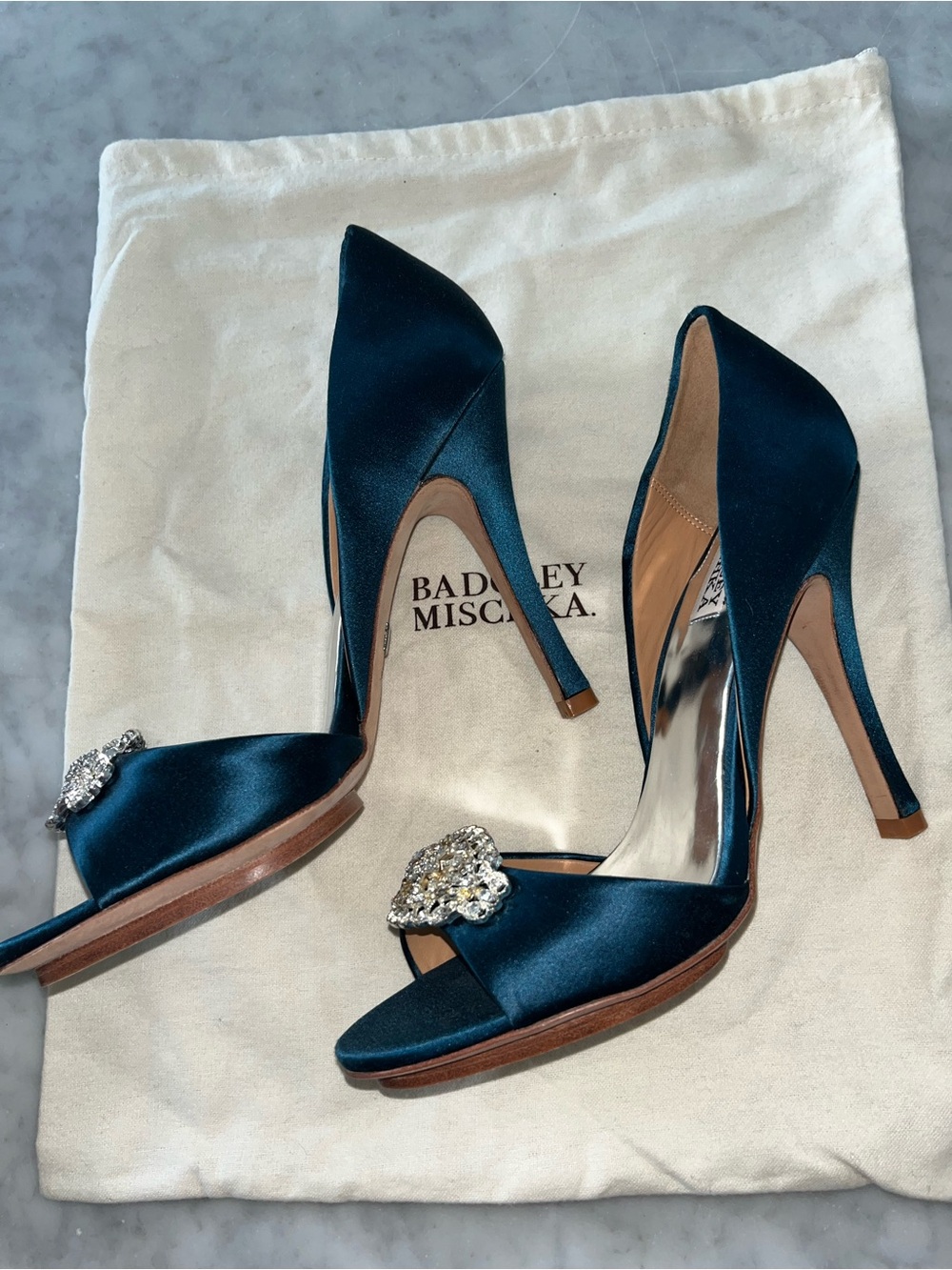 Badgley Mischka Teal Satin Crystal-Embellished Open-Toe Heels